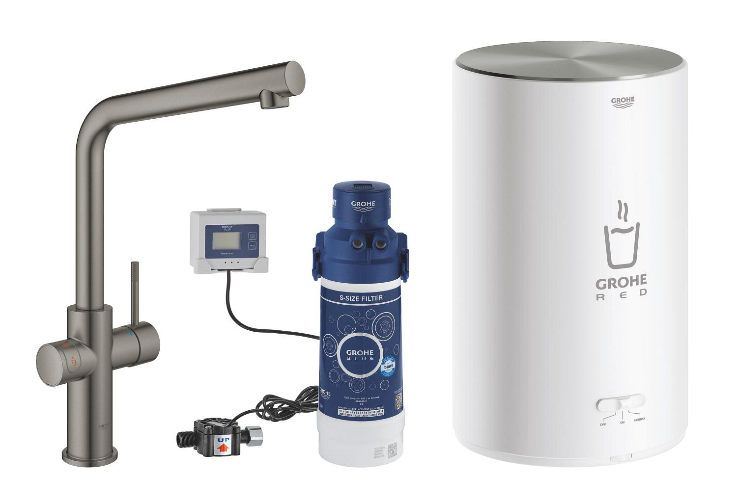 Baterie dřezová stojánková Grohe Red Duo s ohřevem vody a filtrací, L- výpusť, vel. M kartáčovaný Hard Graphite
