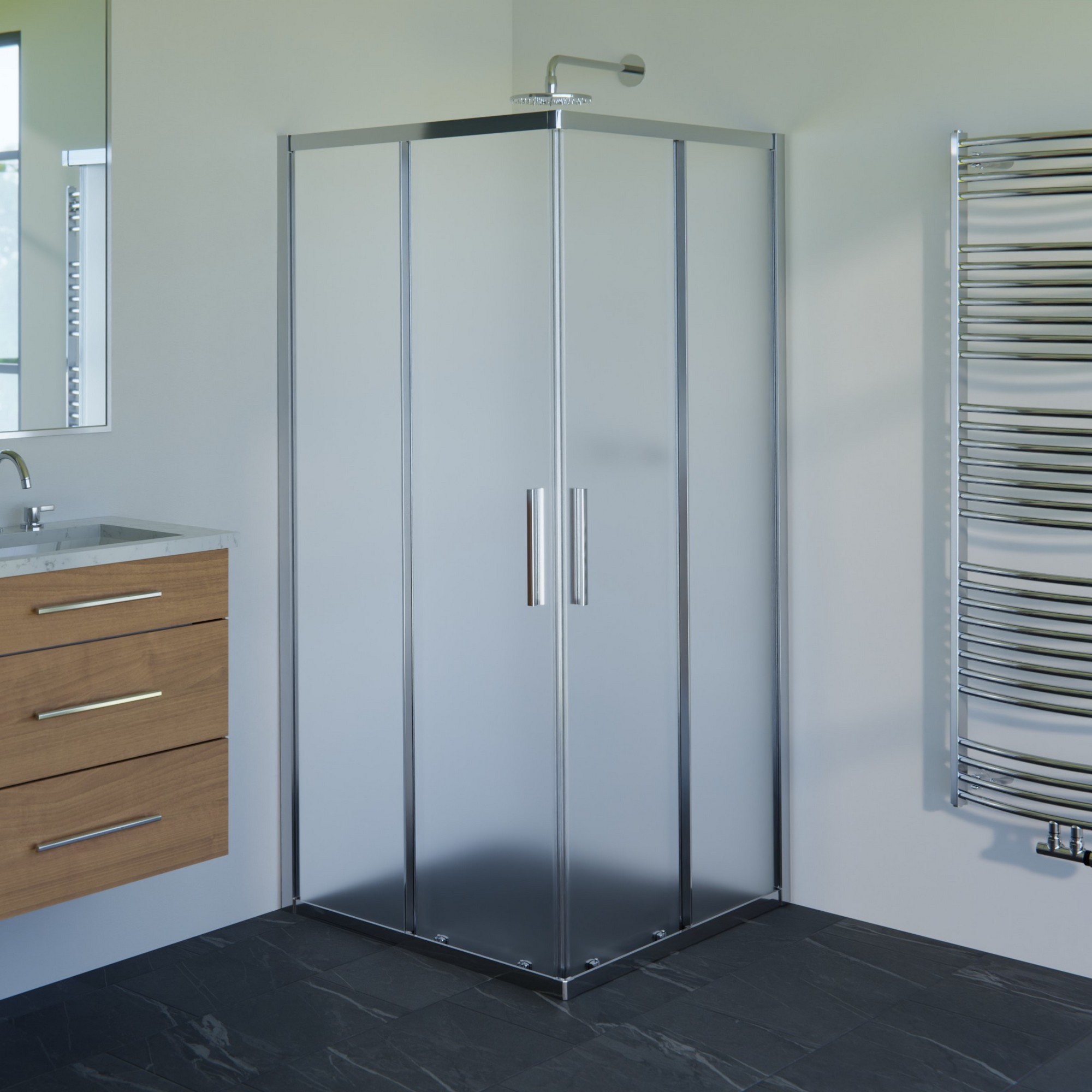 Kout sprchový WECCO SHINY 900×900 mm lesklý hliník/matné sklo