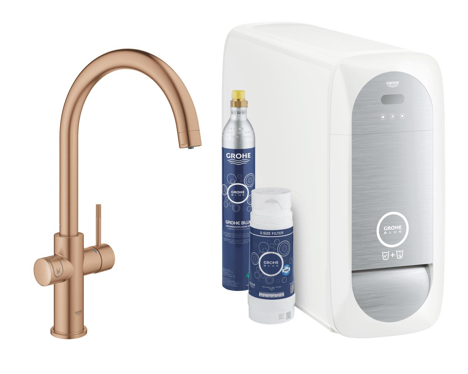 Baterie dřezová stojánková Grohe Blue Home s chladícím zařízením a filtrací, výpusť C kartáčovaný Warm Sunset