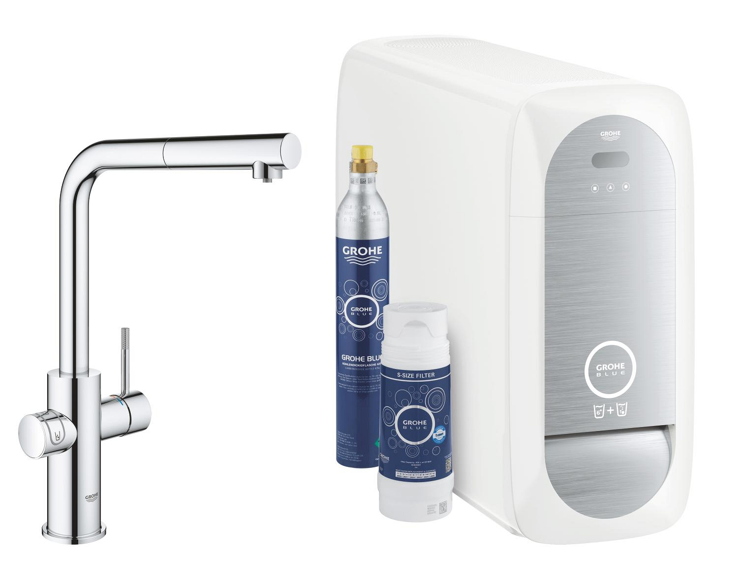 Baterie dřezová stojánková Grohe Blue Home s chladícím zařízením a filtrací, výpusť L vytahov chrom