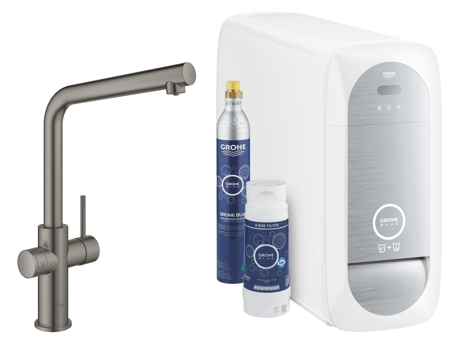 Baterie dřezová stojánková Grohe Blue Home s chladícím zařízením a filtrací, výpusť L kartáčovaný Hard Graphite