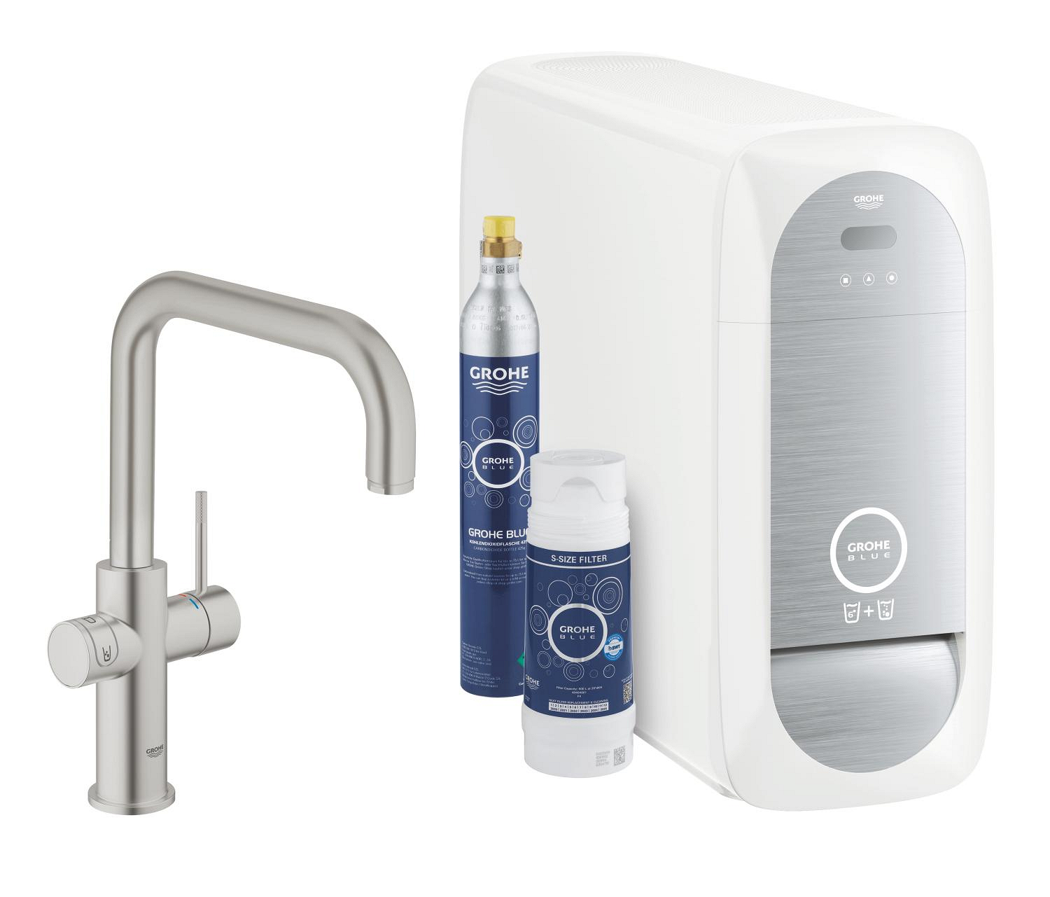 Baterie dřezová stojánková Grohe Blue Home s chladícím zařízením a filtrací, výpusť U SuperSteel