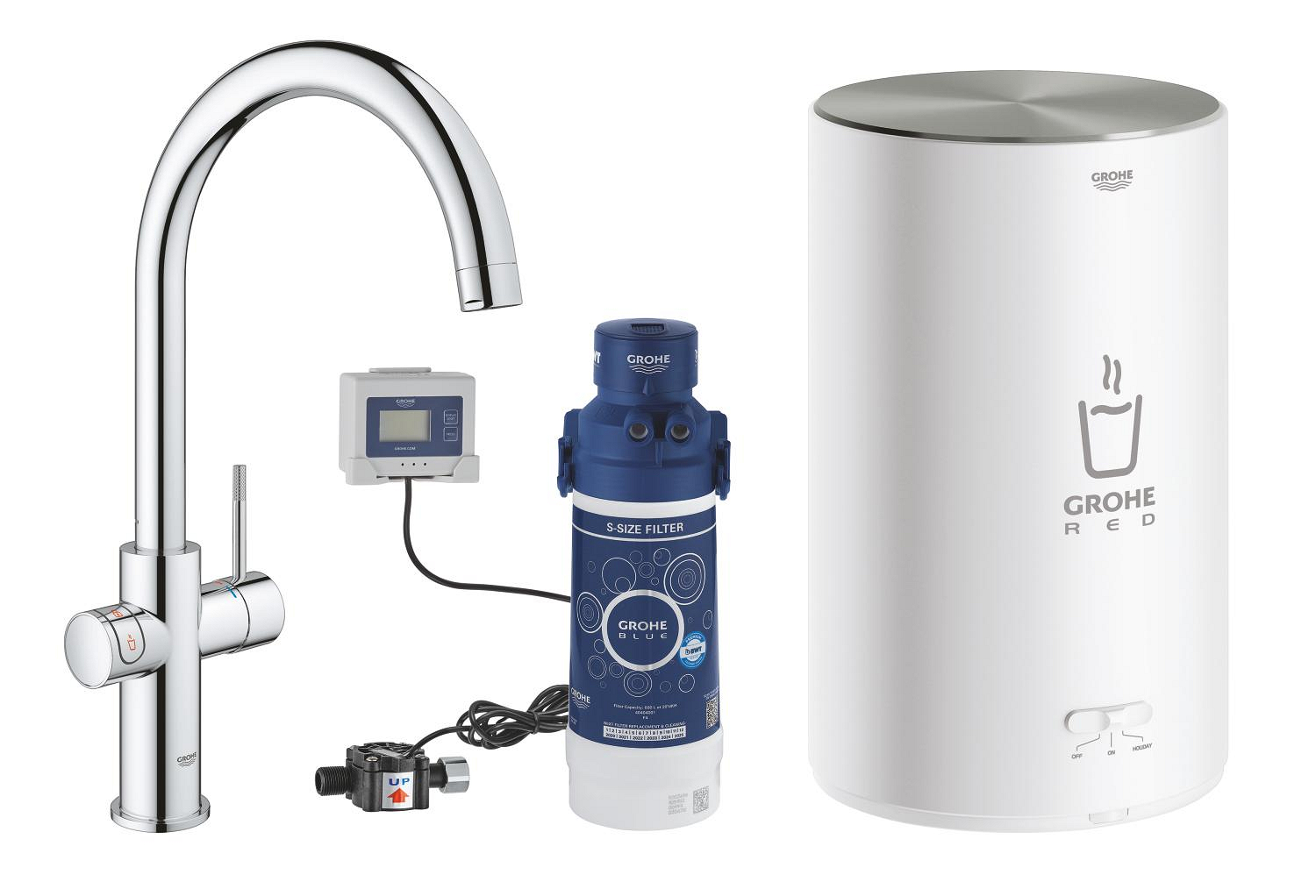 Baterie dřezová stojánková Grohe Red Duo s ohřevem vody a filtrací, C- výpusť, vel. M chrom
