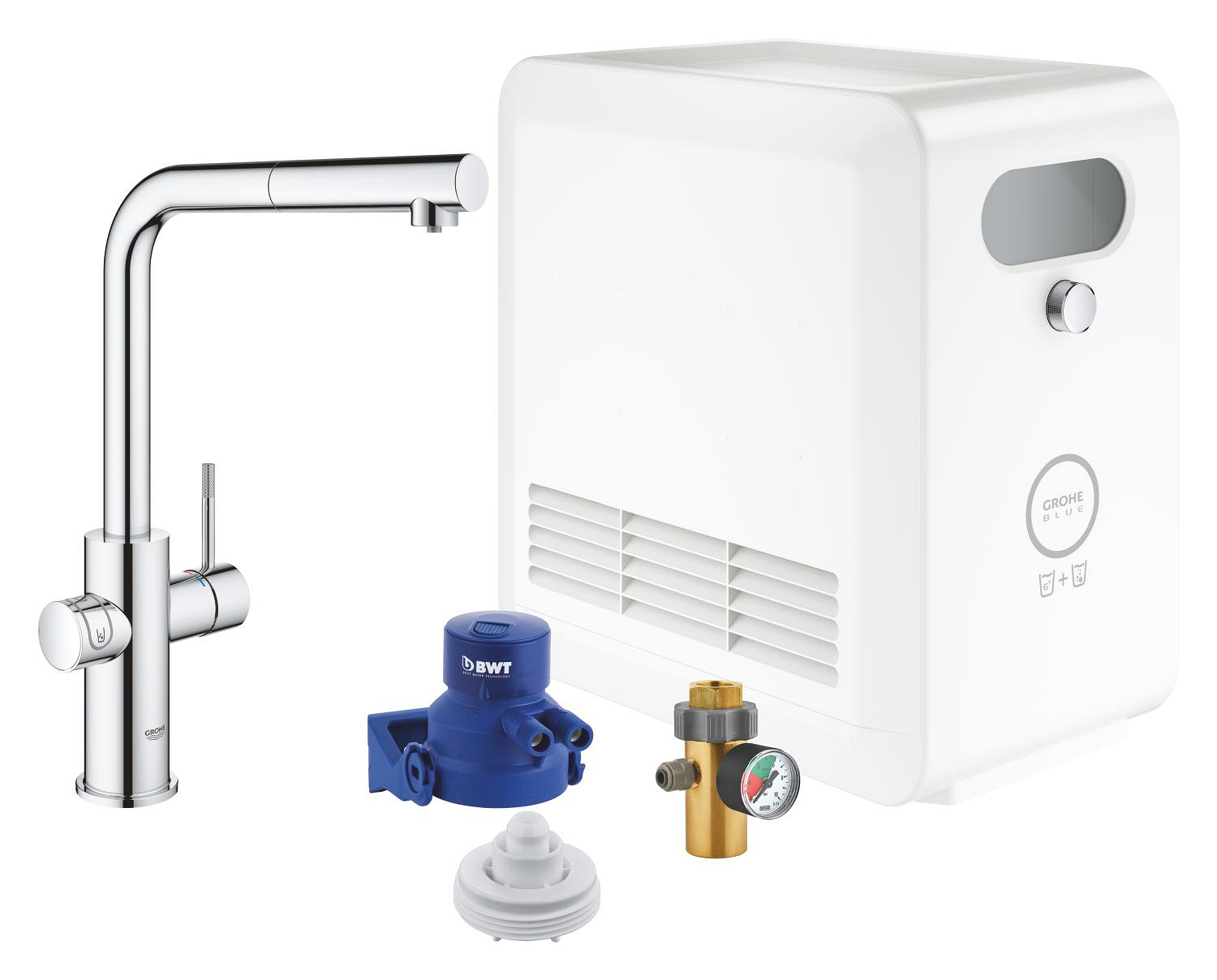 Baterie dřezová stojánková Grohe Blue Professional s chladícím zařízením a filtrací, výpusť L vytahov chrom