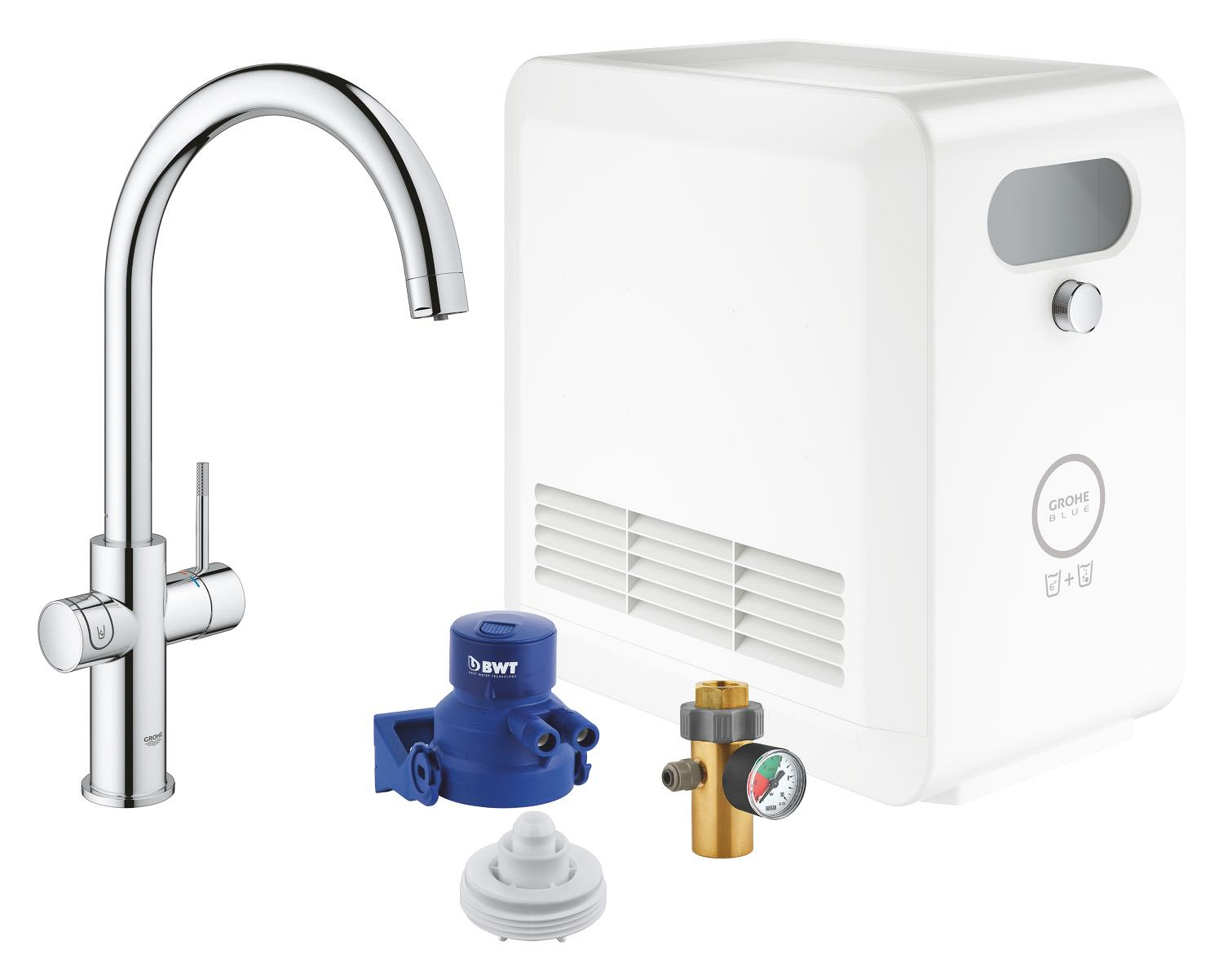 Baterie dřezová stojánková Grohe Blue Professional s chladícím zařízením a filtrací, výpusť C chrom