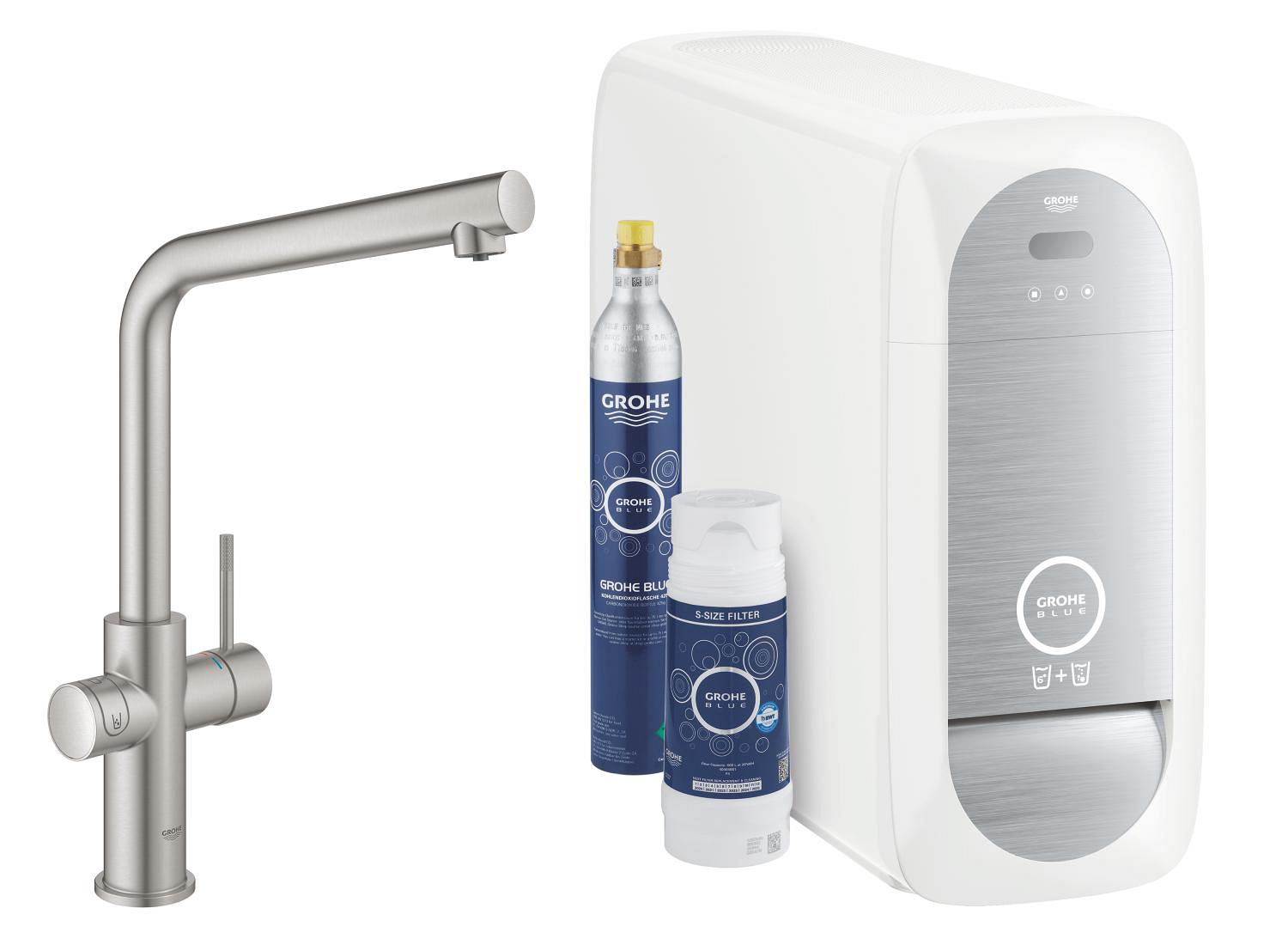 Baterie dřezová stojánková Grohe Blue Home s chladícím zařízením a filtrací, výpusť L SuperSteel