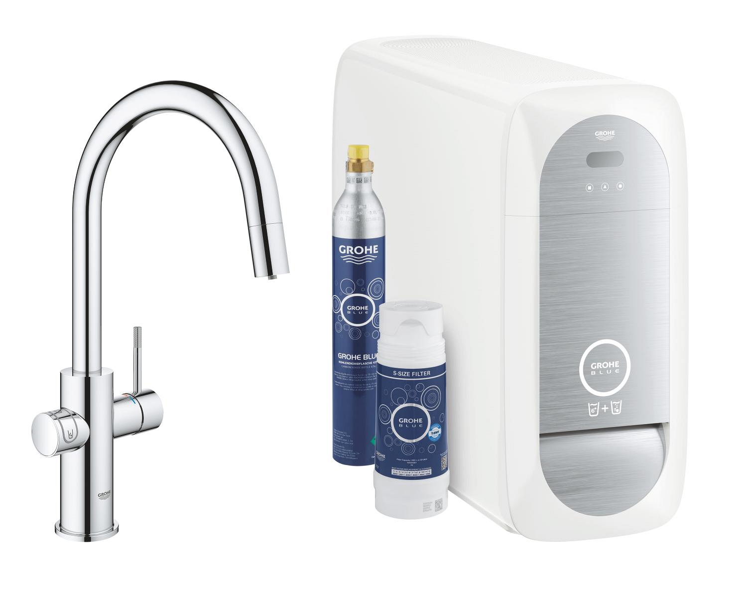 Baterie dřezová stojánková Grohe Blue Home s chladícím zařízením a filtrací, výpusť C vytahov chrom