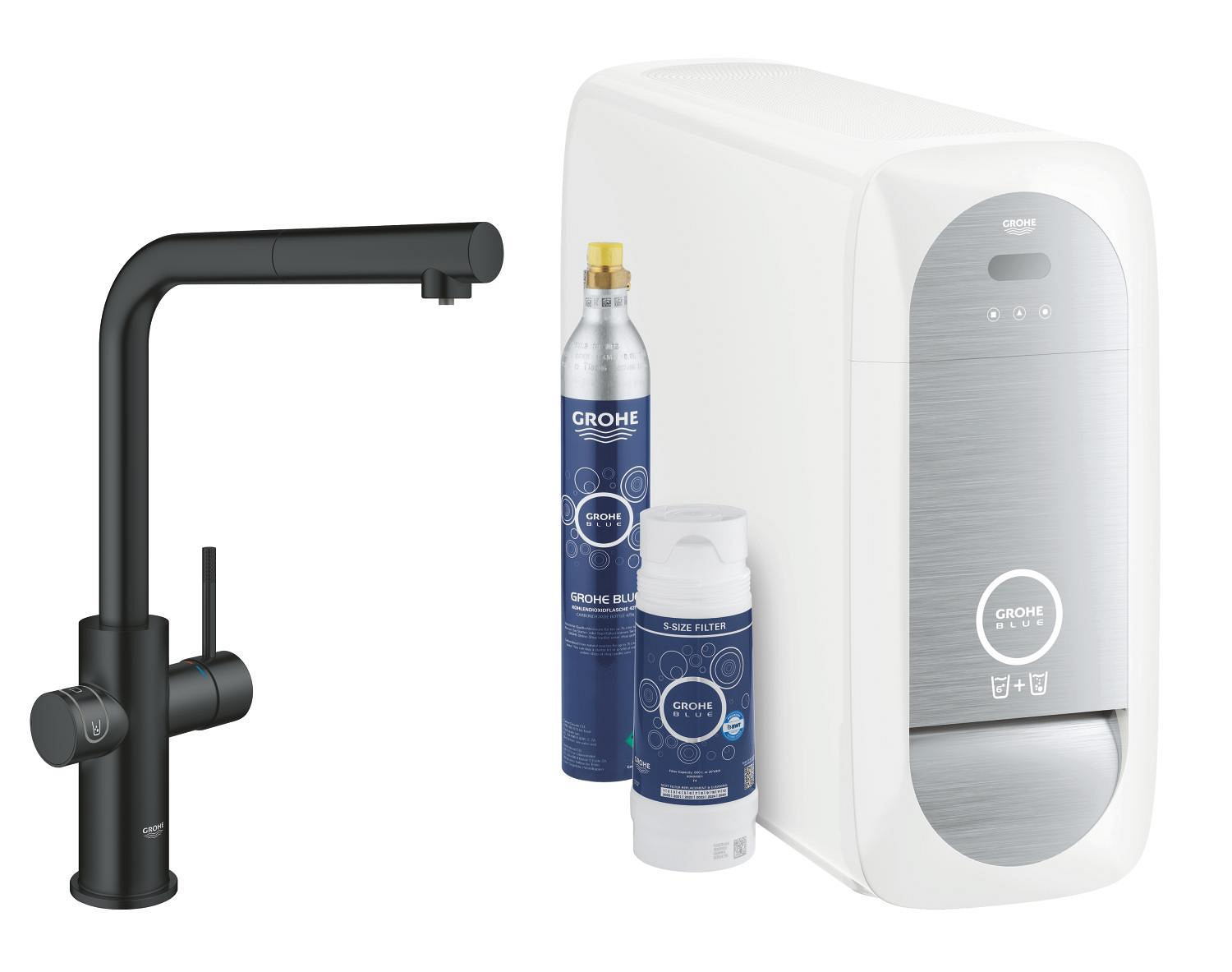 Baterie dřezová stojánková Grohe Blue Home s chladícím zařízením a filtrací, výpusť L vytahov velvet black - černá