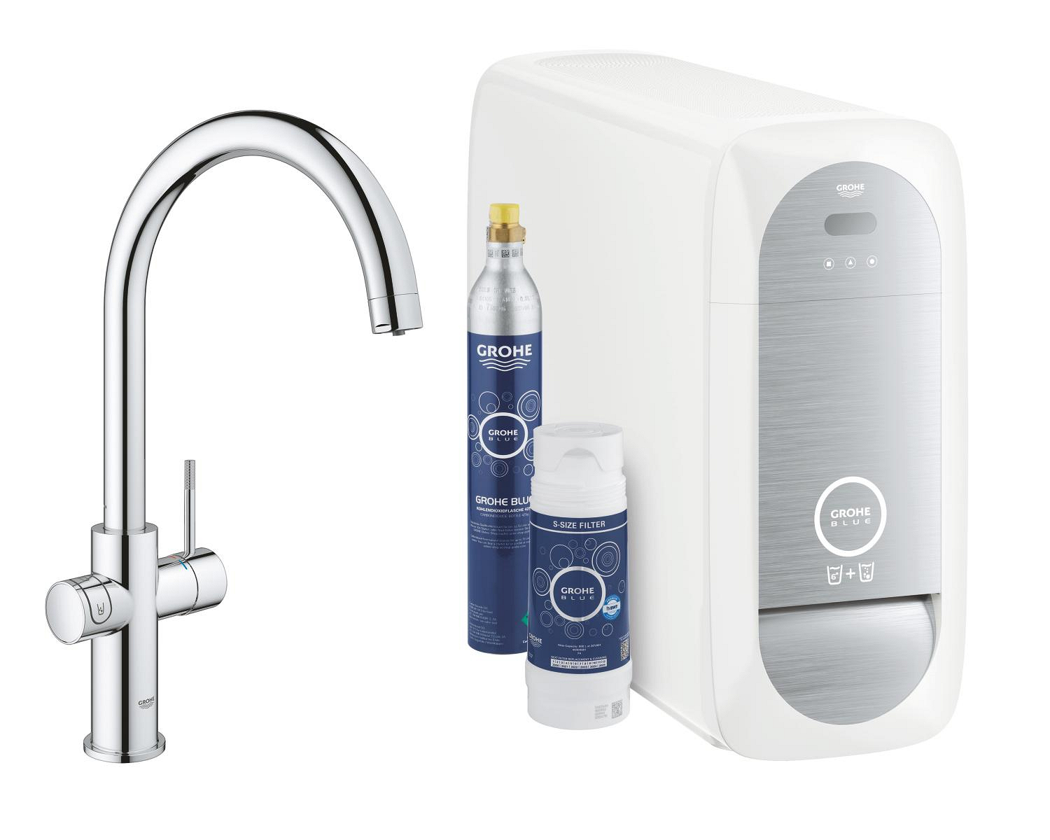 Baterie dřezová stojánková Grohe Blue Home s chladícím zařízením a filtrací, výpusť C chrom