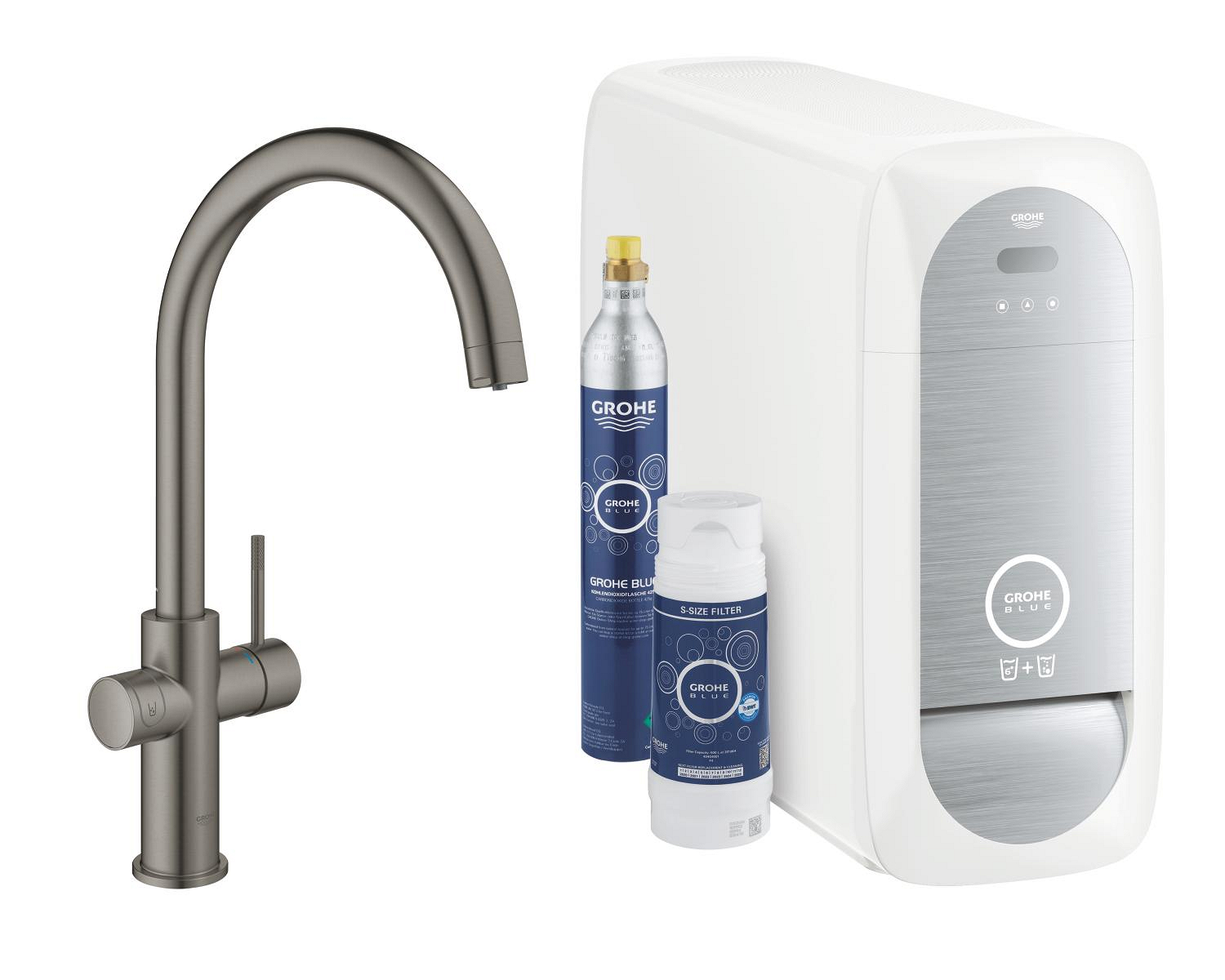 Baterie dřezová stojánková Grohe Blue Home s chladícím zařízením a filtrací, výpusť C kartáčovaný Hard Graphite