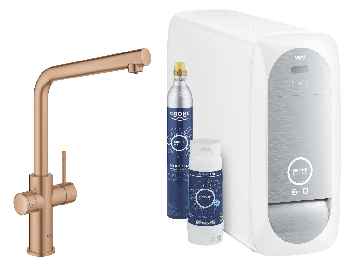 Baterie dřezová stojánková Grohe Blue Home s chladícím zařízením a filtrací, výpusť L kartáčovaný Warm Sunset