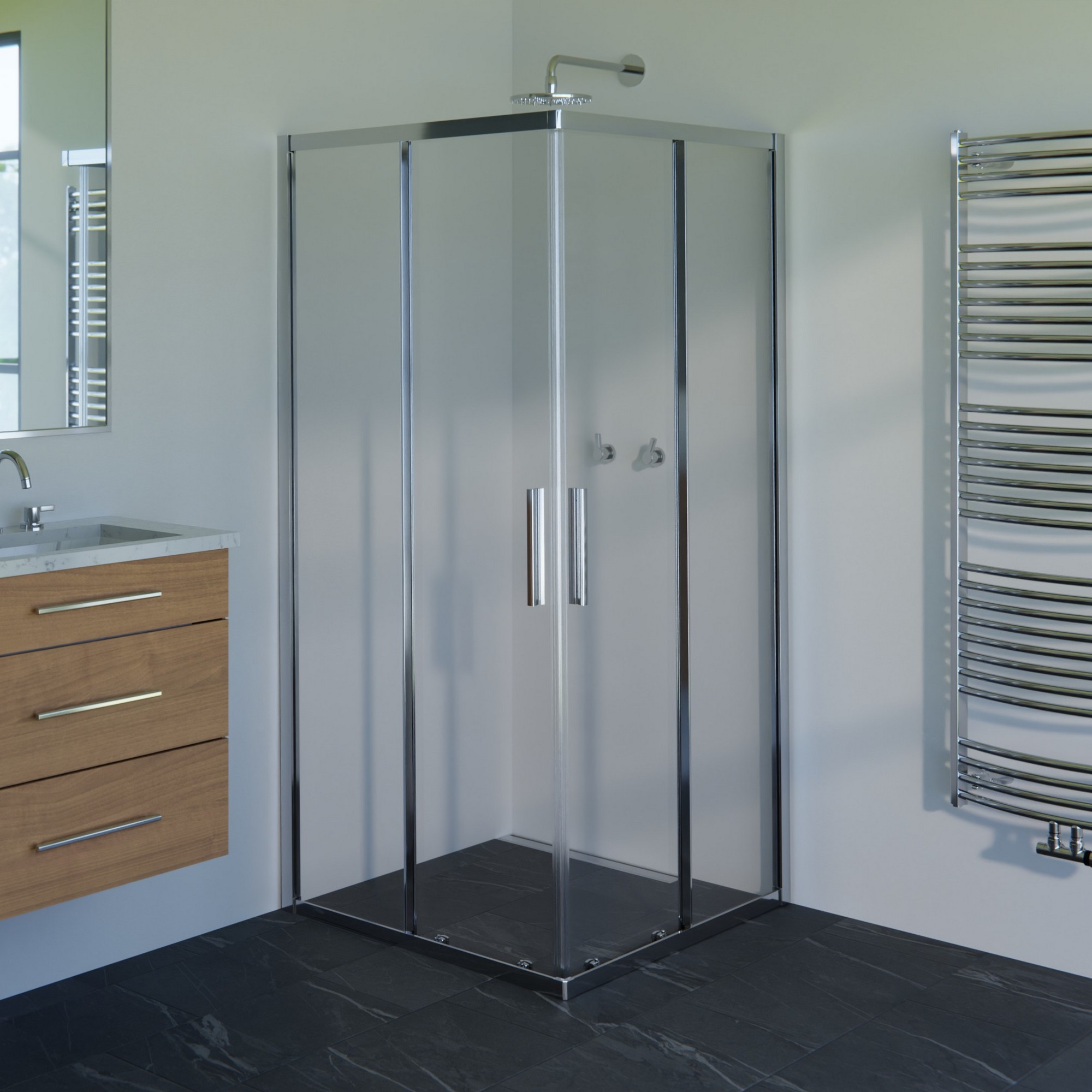 Kout sprchový WECCO 800×800 mm lesklý hliník/čiré sklo