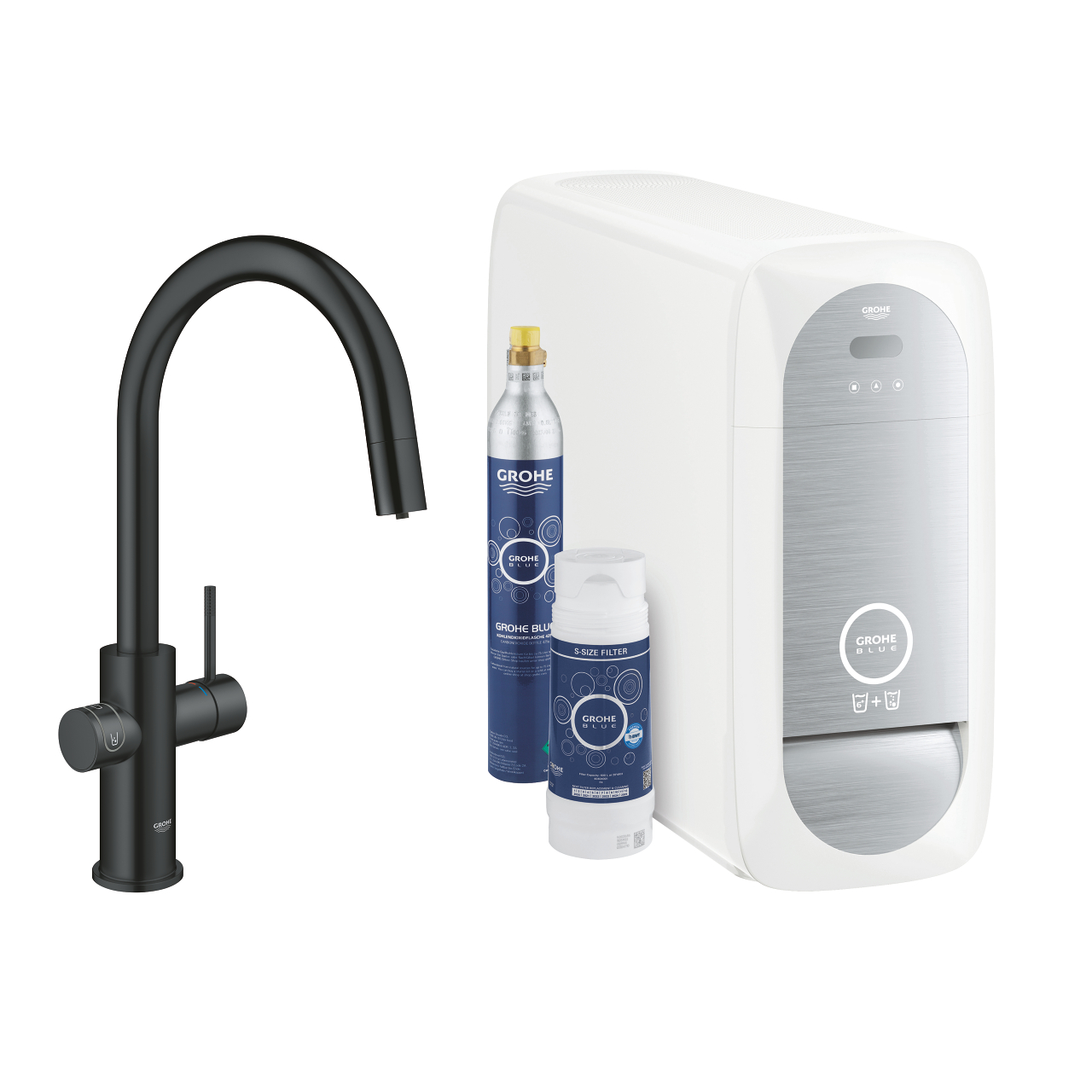 Baterie dřezová stojánková Grohe Blue Home s chladícím zařízením a filtrací, výpusť C vytahov velvet black - černá