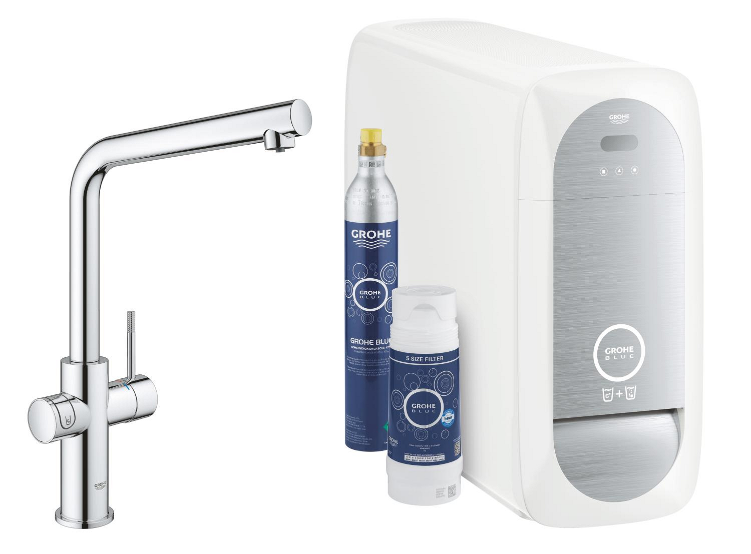 Baterie dřezová stojánková Grohe Blue Home s chladícím zařízením a filtrací, výpusť L chrom