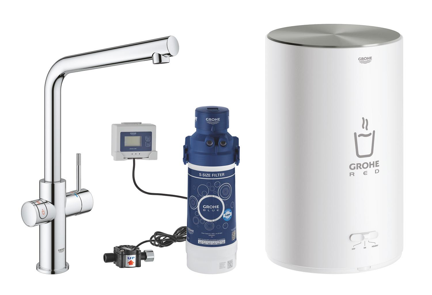 Baterie dřezová stojánková Grohe Red Duo s ohřevem vody a filtrací, L- výpusť, vel. M chrom