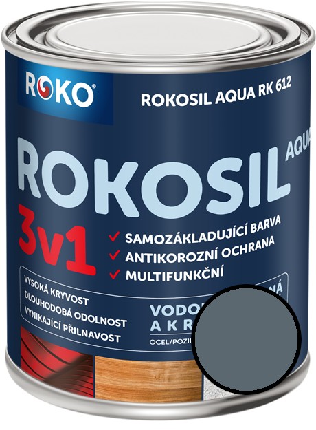 Barva samozákladující Rokosil Aqua 3v1 RK 612 1100 šedá střední, 0,6 l