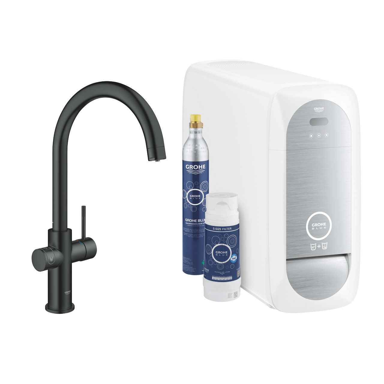 Baterie dřezová stojánková Grohe Blue Home s chladícím zařízením a filtrací, výpusť C velvet black - černá
