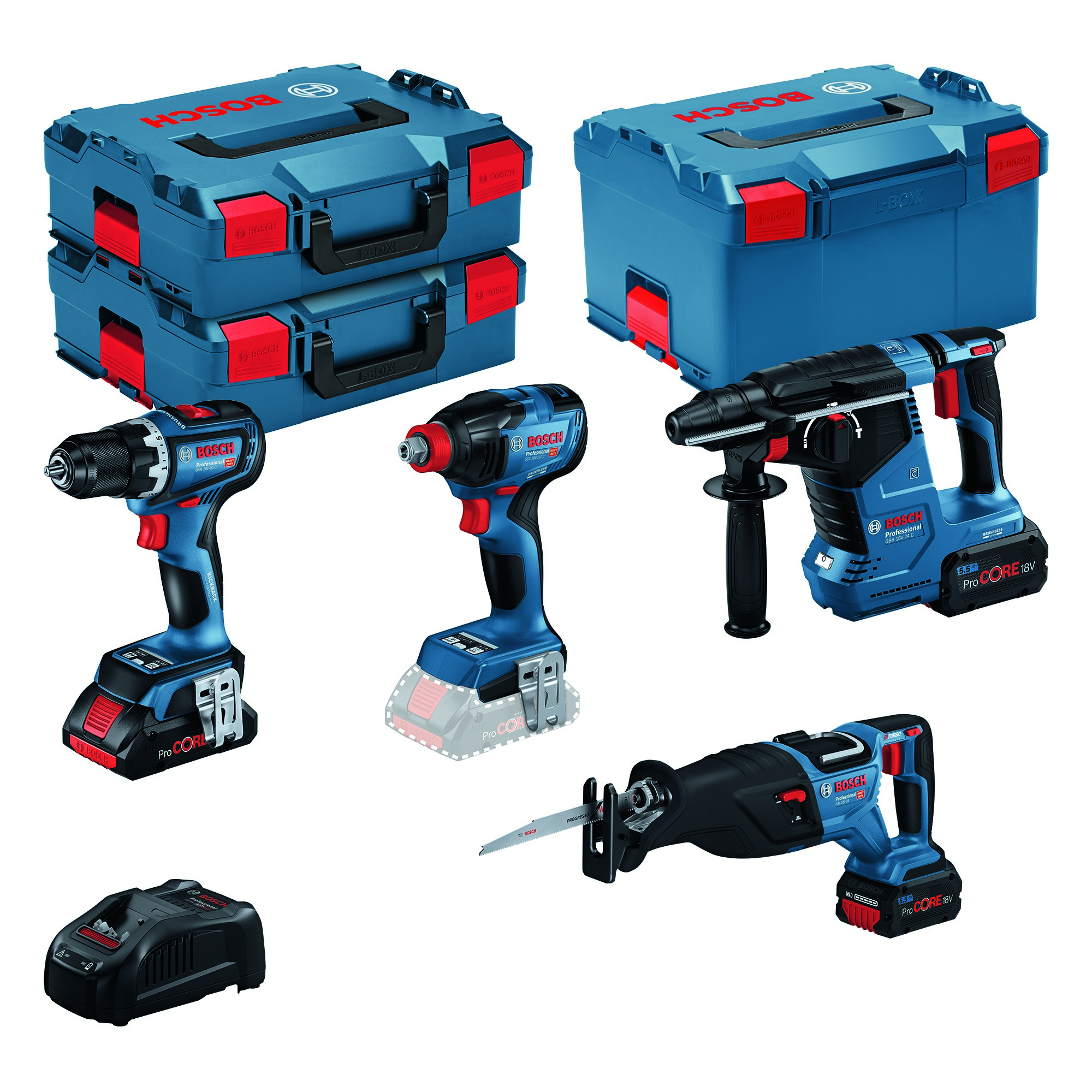 Sada AKU nářadí Bosch GSR + GDX + GBH + GSA 18 V 2× 5,5 Ah 1× 4 Ah