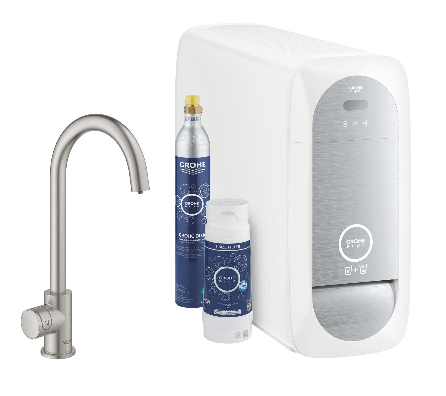 Baterie dřezová stojánková Grohe Blue Home Mono s chladícím zařízením a filtrací, výpusť C SuperSteel