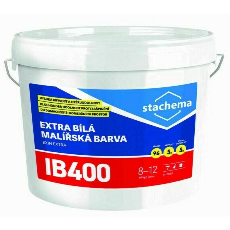 Farba maliarska Stachema EXIN EXTRA IB400 biela 25+3 kg. extra biela, vysoké krytie, do domácností a komerčných priestorov, obzvlášť vhodná na sadrokartón, vyzreté omietky a iné minerálne podklady