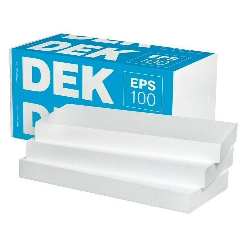 Izolácia tepelná DEK EPS 100 S 80 mm. tepelnoizolačné dosky z expandovaného polystyrénu, pre ploché strechy a podlahy s bežným zaťažením, rovná hrana, súčiniteľ tepelnej vodivosti 0,036 W/mK, 3,5 m2/bal.