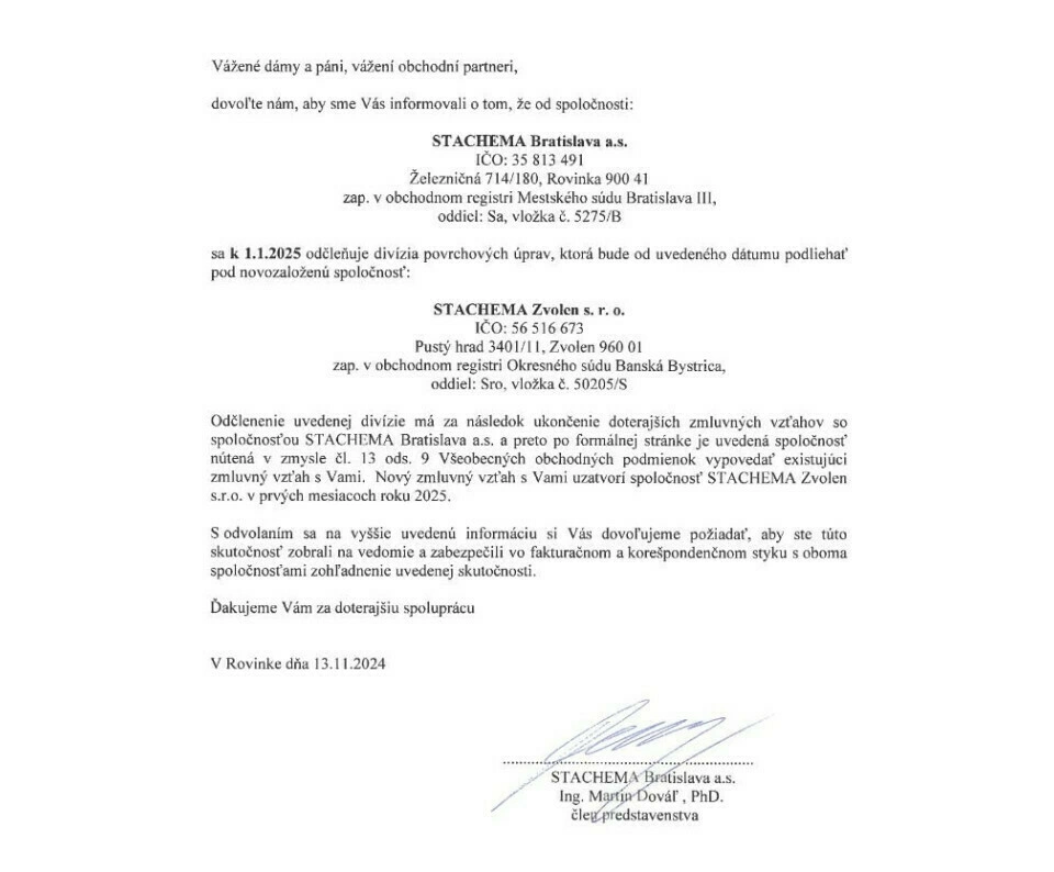 Oznámenie o odčlenení spoločnosti STACHEMA Zvolen s.r.o.